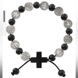 Saint Benedict medals rosary bracelet 7” black beads, silver tone, black cross